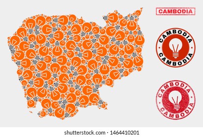 Light bulb mosaic Cambodia map and grunge rounded watermarks. Mosaic vector Cambodia map is designed with electric bulb symbols. Abstraction for electric business. Orange and red colors used.