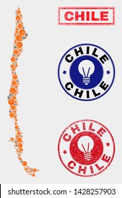 Light bulb mosaic Chile map and rubber round stamp seals. Mosaic vector Chile map is created with imagination bulb icons. Abstraction for power supply business. Orange and red colors used.