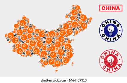 Light bulb mosaic China map and rubber rounded stamps. Mosaic vector China map is composed with electric bulb elements. Abstract images for electric business. Orange and red colors used.