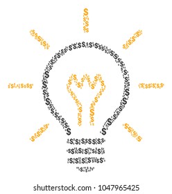 Light Bulb mosaic of dollar symbols. Vector dollar currency pictograms are composed into light bulb composition.