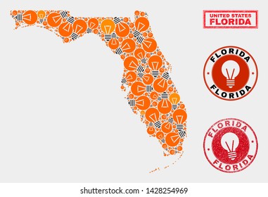 Light bulb mosaic Florida State map and rubber rounded watermarks. Mosaic vector Florida State map is designed with electric bulb items. Abstraction for electric services. Orange and red colors used.