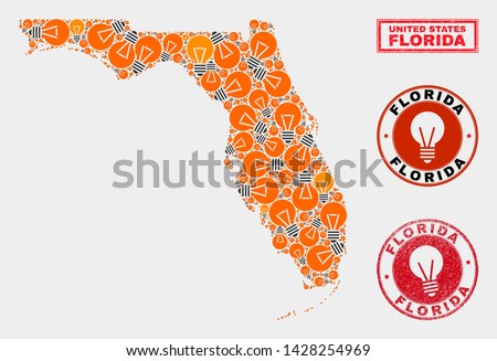 Light bulb mosaic Florida State map and rubber rounded watermarks. Mosaic vector Florida State map is designed with electric bulb items. Abstraction for electric services. Orange and red colors used.