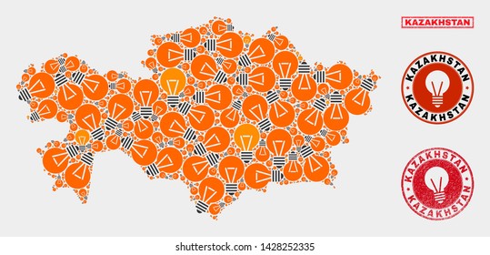 Light bulb mosaic Kazakhstan map and grunge round seals. Mosaic vector Kazakhstan map is designed with illumination bulb elements. Abstraction for patent services. Orange and red colors used.