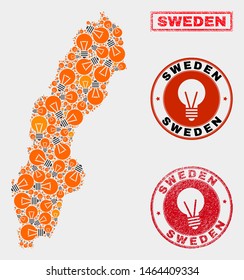 Light bulb mosaic Sweden map and rubber rounded stamps. Mosaic vector Sweden map is designed with light bulb items. Abstraction for electric business. Orange and red colors used.