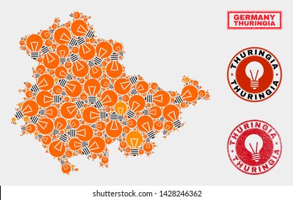 Light bulb mosaic Thuringia Land map and grunge rounded seals. Mosaic vector Thuringia Land map is composed with electrical bulb items. Abstract images for power supply business.