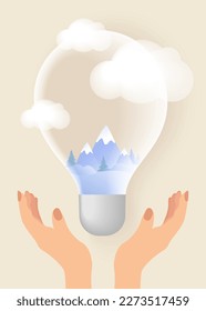 A light bulb with a mountains view. Illustration for Earth Day, World Environment Day, green energy.