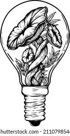 Una bombilla de luz con hongos creciendo dentro. La ilustración está hecha con tinta.