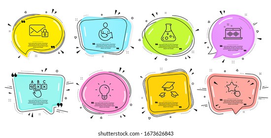 Light bulb, Music making and Ranking star signs. Speech bubbles with quotes. Share, Chemistry lab and Correct checkbox line icons set. Throw hats, Secure mail symbols. Vector