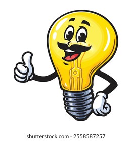 Light Bulb with mustache,  Cartoon Character Mascot Illustration Vector Clip-art Hand-drawn Logo Design