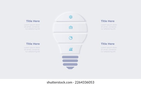 Bombilla de luz al estilo neomorfista. Plantilla de infografía de inicio con 4 opciones.