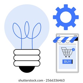 Light bulb next to online shopping cart on smartphone, and cogwheel symbol. Ideal for technology, online shopping, e-commerce, innovation, modern business. Simple vector style