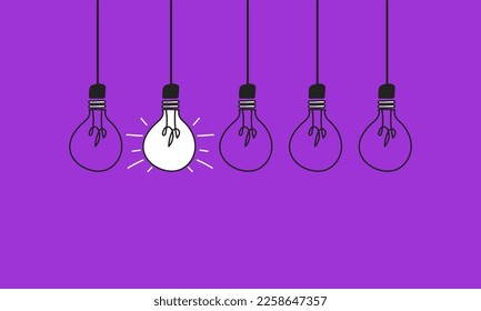 Light bulb next to other bulbs on a purple background. Concept of women's leadership in the world of work. Enterprising women.