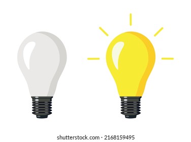 Light bulb off and on with rays isolated on a white background. Light bulb icons. Vector illustration