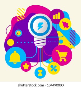 Light bulb on abstract colorful spotted background with different icons and elements. Flat design 