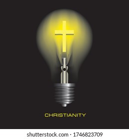 Light bulb on a black background with the symbol of Christianity