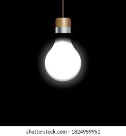 Light bulb on a black background. Glowing bulb. Bright light from the lamp. Vector illustration.