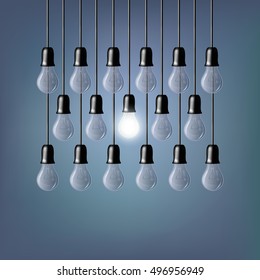Light bulb on blue background. concept. The light from the lamps. Realistic style. vector. Background for infographics, presentations. Business ideas.