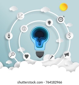 Light Bulb On Blue Sky And Clouds Of Business Strategy Creative Idea Concept Paper Art Style.Vector Illustration.