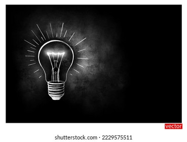 Light bulb on a chalkboard. Idea concept. Chalk drawing of light incandescent bulb on blackboard background with copy space. Horizontal banner with a glowing bulb. Template. Vector