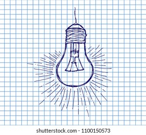 light bulb on copybook background. idea symbol. sketch in vector. Hand drawn doodle sign