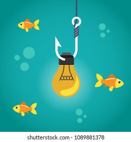 Light bulb on fishing hook and fishes swimming. Idea concept. Vector illustration
