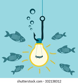 Light bulb on a fishing hook, underwater lights, bait for fish. Attracting investors, shocking, study of the underwater world.