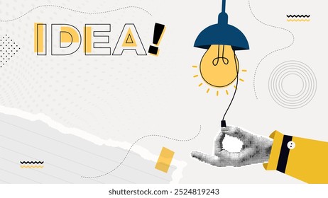 Light Bulb On hand halftone style. Bright Idea Concept