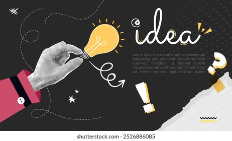Light Bulb On hand halftone style. Bright Idea Concept