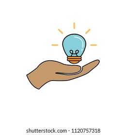 Light bulb on hand illumination vector icon, help with an idea, innovation color