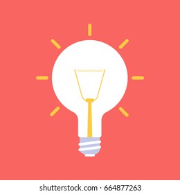 Light bulb is on. Idea.  Isolated, on red background. Vector, illustration, flat