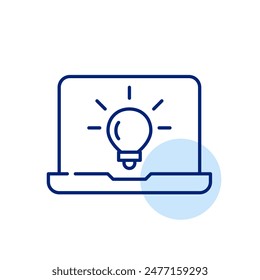 Light bulb on laptop. Tech-driven innovation and creative thinking. Online learning platforms. Pixel perfect vector icon