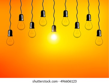 Light bulb on orange background. concept. The light from the lamps. Realistic style. vector. Background for infographics, presentations. Business ideas.