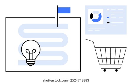 Bombilla de luz en un camino que simboliza la bandera de ideas que representa el gráfico de hitos que muestra el Carrito de compras de datos para las estrategias de marketing. Ideal para la innovación empresarial planificación estratégica datos de investigación de mercado