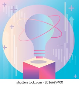 A light bulb on a pedestal with graphics on the background. It symbolizes the idea, success in business and life. For the design of materials, infographics, social networks and banners