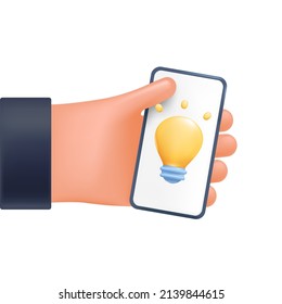 Light bulb on phone screen, symbol of innovation and new ideas in the user's hand, 3d style for graphic design. Hand with phone in vector cartoon comic style.