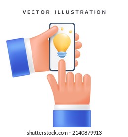 Glühbirne auf dem Bildschirm, Symbol für Innovation und neue Ideen in der Hand des Benutzers, 3D-Stil für Grafikdesign. Handy in Händen in Vektorcartoon Comic Stil.