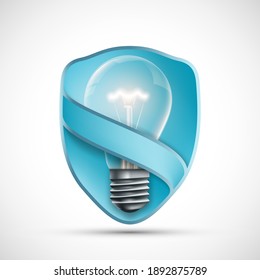 Light bulb on the shield. Icon isolated on white background. Vector illustration.