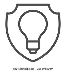 Light bulb on shield line icon, electricity concept. Vector graphics. Lamp on safety emblem sign on white background, outline style icon for mobile or web design