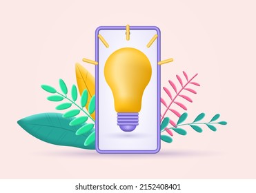 Light bulb on the smartphone screen. 3d lamp icon. Idea, solution, innovation concept. Creative design. Vector illustration.