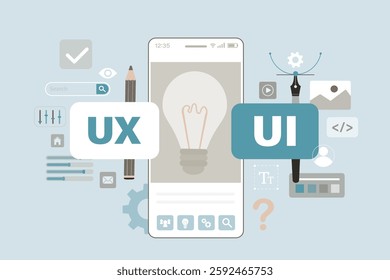 Light bulb on smartphone screen. Searching new ideas in app development and ui ux design. Designing interface for apps. Mobile applications customization and optimization. flat vector illustration