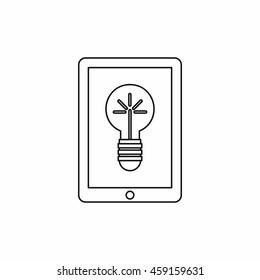 Light bulb on tablet computer screen icon in outline style on a white background