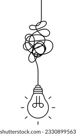 Light bulb on tangled electric wire on white background