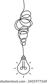 Light bulb on tangled electric wire on white background