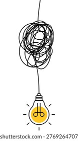 Light bulb on tangled electric wire on white background