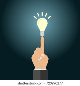 A light bulb on the tip of a finger. Concept of business idea. Flat design, vector illustration, vector.