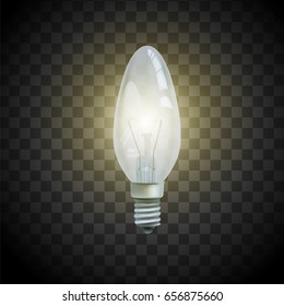 Light bulb on transparent background. Isolated realistic lamp. Illustration of idea or concept. Vector image.