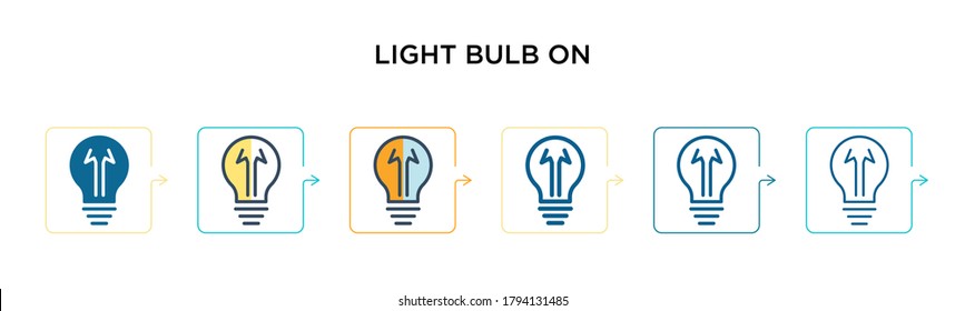 Light bulb on vector icon in 6 different modern styles. Black, two colored light bulb on icons designed in filled, outline, line and stroke style. Vector illustration can be used for web, mobile, ui