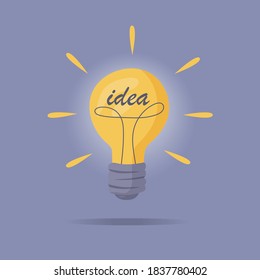 La bombilla está encendida. Ilustración vectorial de la lámpara incandescente. El concepto de nueva idea creativa y única, la innovación.