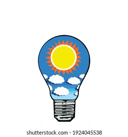 Light bulb on a white background. In the light bulb are clouds and the sun. Clean energy