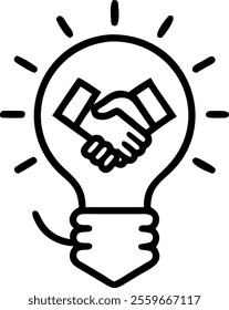 A light bulb on white background with holographic growth symbols and handshake icons leaving copy space. concept as Straight on shot of a light bulb against a pure white background. Surrounding it are